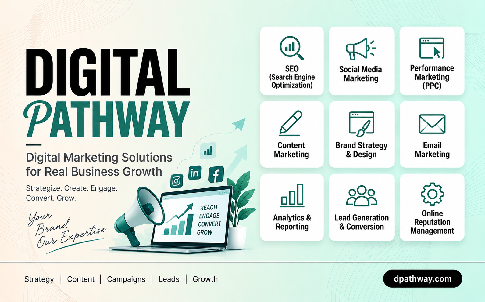 Digital Pathway Digital Marketing Solutions for Real Business Growth banner showing SEO, Social Media Marketing, Performance Marketing (PPC), Content Marketing, Brand Strategy and Design, Email Marketing, Analytics and Reporting, Lead Generation and Conversion, and Online Reputation Management